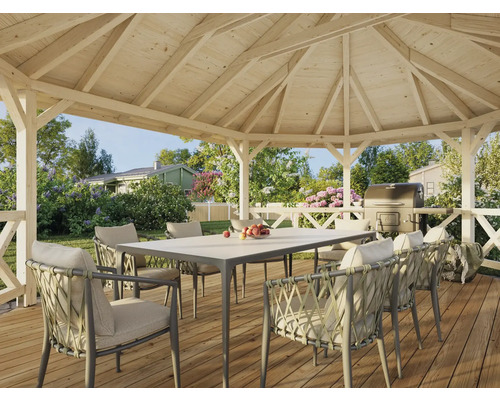 Trädgårdspaviljong i trä med matbord, stolar och grill