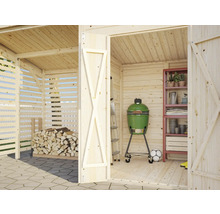 Träskjul med vedförvaring, grill och hylla