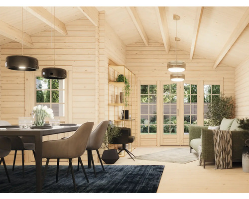 Vardagsrum med träväggar, matbord, stolar, soffa och belysning för en ljus och rymlig atmosfär.