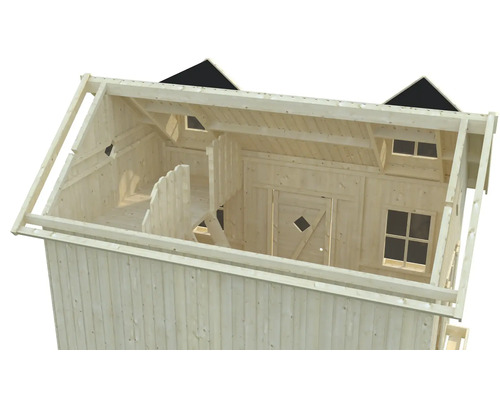 Interiörvy av ett trähus med fönster och dörr