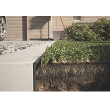 Närbild av en gräsmatta med gräs och jordlager