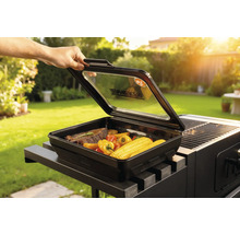 Grillbox med biff, paprika och majskolvar på grill i trädgården