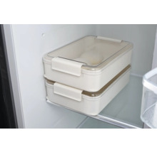 Två rektangulära förvaringsbehållare med transparenta lock i kylskåpet