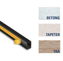 Bilden visar en kvartsstavsskuggfogslist med exempel på användningsområden för betong, tapet och trä.