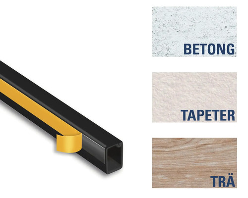 Bilden visar en kvartsstavsskuggfogslist med exempel på användningsområden för betong, tapet och trä.