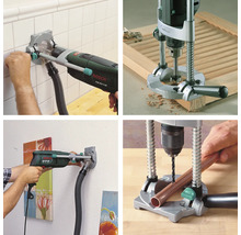 Flera vyer av en borrmaskin med dammutsug och borrstativ i bruk.