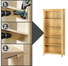 Monteringsanvisning för en trähylla med skruvar och verktyg