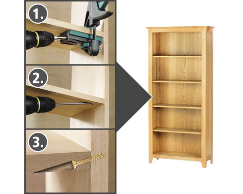 Monteringsanvisning för en trähylla med skruvar och verktyg