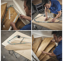 Bild i flera delar som visar hur man använder en trappmall för att skära trätrappsteg till storlek