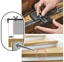 Användning av en trappstegsvinkelmall från Wolfcraft på en trätrappa