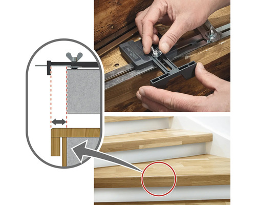 Användning av en trappstegsvinkelmall från Wolfcraft på en trätrappa