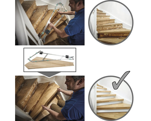 Demonstration av trapprenovering med en mall och jämförelse före och efter.