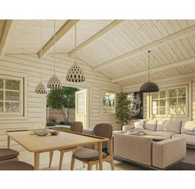 Interiör av ett ljust trähus med möbler och belysning