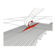 Illustration av en person som applicerar kakelfix på en yta med en tandspackel.