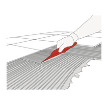 Illustration av en person som applicerar kakelfix med en spackel