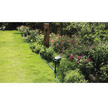 Trädgårdsbevattning med grässpridare i en blomstrande trädgård.