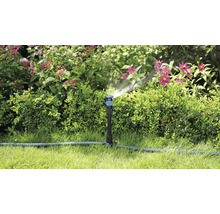 Trädgårdsscen med grässpridare som vattnar växter