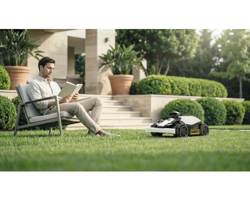 Man läser bok i trädgården medan robotgräsklipparen klipper gräset