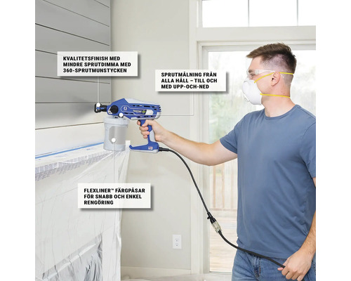 Man med skyddsmask använder färgsprutpistol för målningsarbeten inomhus