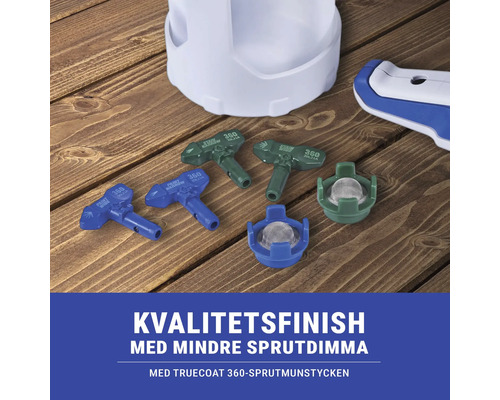 Färgsprutmunstycken och tillbehör för färgsprututrustning på ett träbord