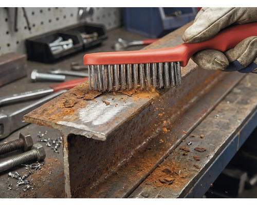 En hand med arbetshandske rengör en rostig stålprofil med en stålborste.