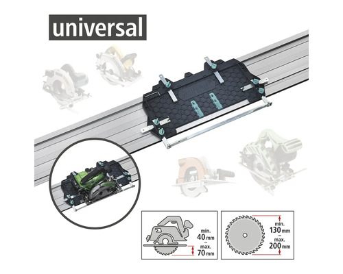 Universal styrskena för handhållna cirkelsågar med skärdjup från 40 millimeter till 70 millimeter och sågklingdiametrar från 130 millimeter till 200 millimeter