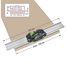 Bild av en cirkelsåg med styrskena för att skära ett arbetsstycke med måtten 145 cm och maximalt 110 cm, inklusive måttangivelser.