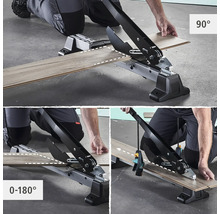 Laminatskärare i drift med vinkelinställningar från 0 till 180 grader och 90 grader.