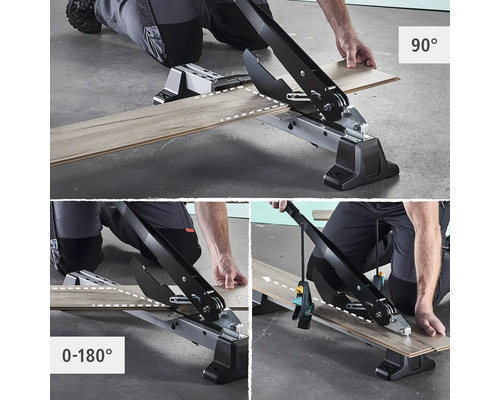 Laminatskärare i drift med vinkelinställningar från 0 till 180 grader och 90 grader.