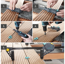 Bildmontage av installation av en träterrass med terrassbyggmall och sladdlös skruvdragare