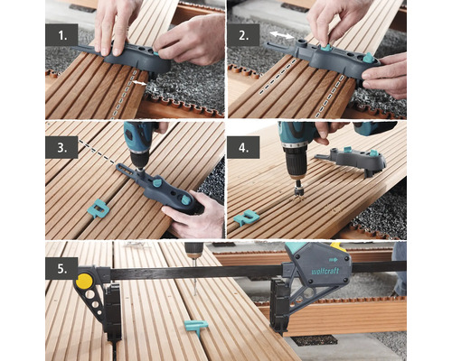 Bildmontage av installation av en träterrass med terrassbyggmall och sladdlös skruvdragare