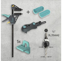 Wolfcraft monteringssats med snabbspännande klämma, dymlingsmall, borrmall och dymlingsmarkörer