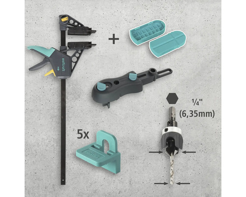 Wolfcraft monteringssats med snabbspännande klämma, dymlingsmall, borrmall och dymlingsmarkörer