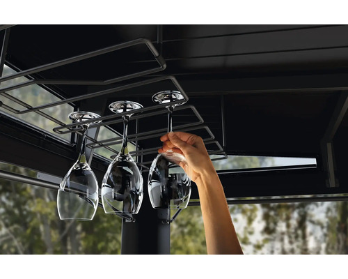 Vinställ med vinglas och hand under ett lusthus