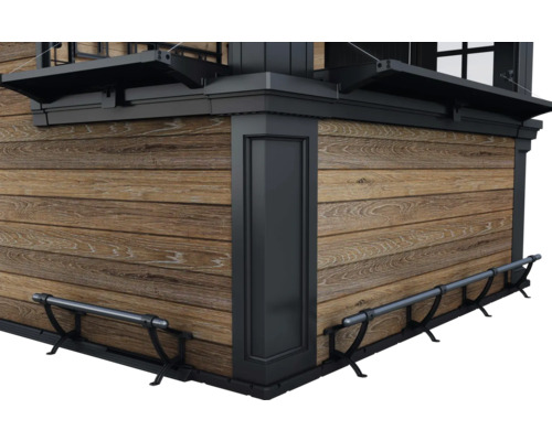 Detalj av en fasad med träpanel och fönsterluckor