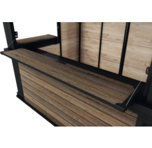 Detaljvy av en utomhusköksmodul med träpanel och fällbar arbetsyta