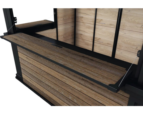 Detaljvy av en utomhusköksmodul med träpanel och fällbar arbetsyta