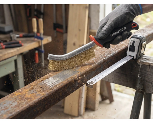 En person använder en stålborste för att ta bort rost från en metallbit bredvid ett rullmått.