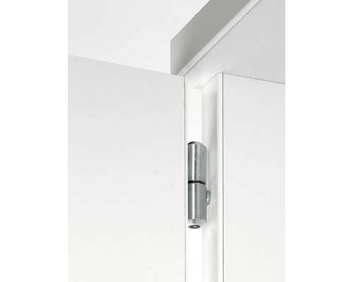 Detaljvy av ett gångjärn på en vit dörr