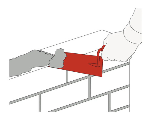 Illustration av en hand som applicerar murbruk på en tegelvägg med en murslev.