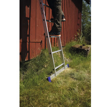 Person på en aluminiumstege framför en röd trävägg i trädgården