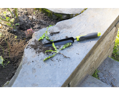 Trädgårdsredskap och ogräs på stentrappor