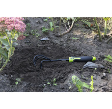 Trädgårdskratta i jorden bredvid en blomma