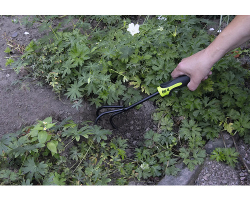 Trädgårdsscen med en person som använder en trädgårdskultivator av märket for_q för att bearbeta jorden.