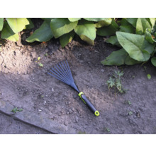 Trädgårdsräfsa på trädgårdsjord med växter