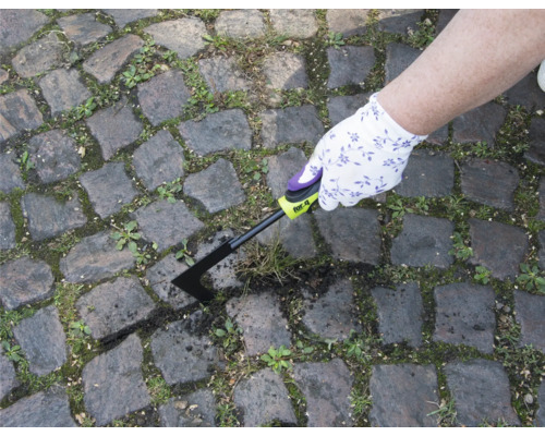 En person tar bort ogräs med en fogskrapa från en stensatt gångväg.