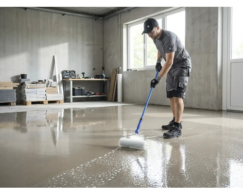 En man använder en piggroller med teleskopskaft för att avlufta en nylagd golvavjämningsmassa i ett ljust rum.