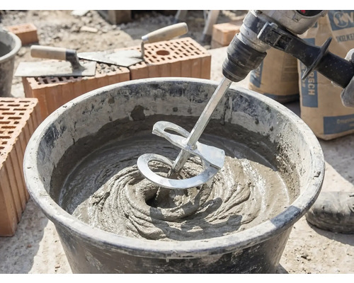 En omrörare på en borrmaskin blandar grå murbruk i en bygghink på en byggarbetsplats med tegelstenar och murbrukslevar.