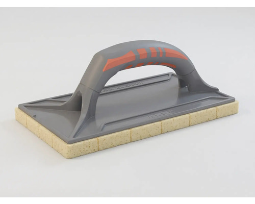 Svampplatta med grått ergonomiskt handtag och gul rutmönstrad svamp för plattsättning.