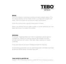 Informationsblad med skötselråd för mässing från TEBO DETAILS. TEBO DETAILS Logo.